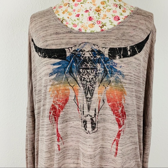 Lush tan lightweight drop-sleeve Top multicolor longhorn western boho motif L - Picture 3 of 15